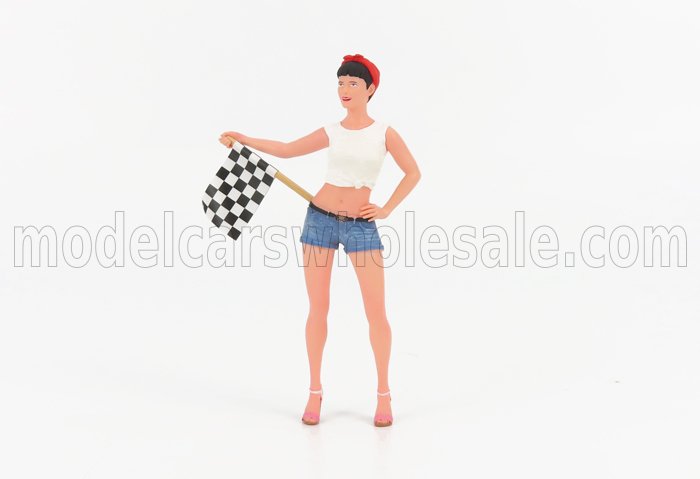ФИГУРКА RACING GIRL - RAGAZZA CON BANDIERA A SCACCHI PINK WHITE BLUE