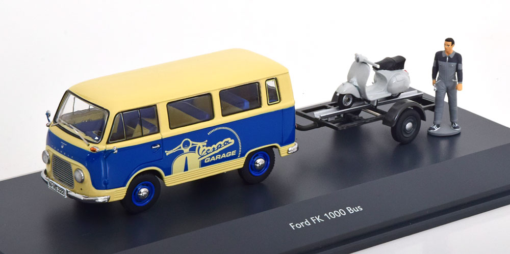 FORD FK 1000 BUS WITH TRAILER AND VESPA BLUE CREME