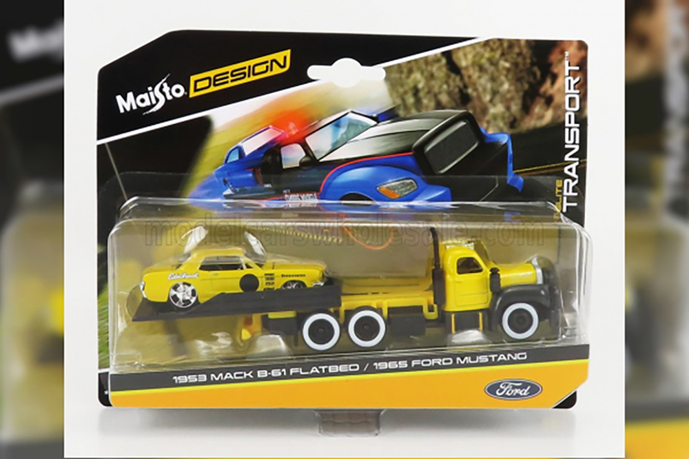 MACK B-61 RAMP TRUCK WITH FORD MUSTANG 1965 (ДЛИНА ПРИМЕРНО 15 СМ)