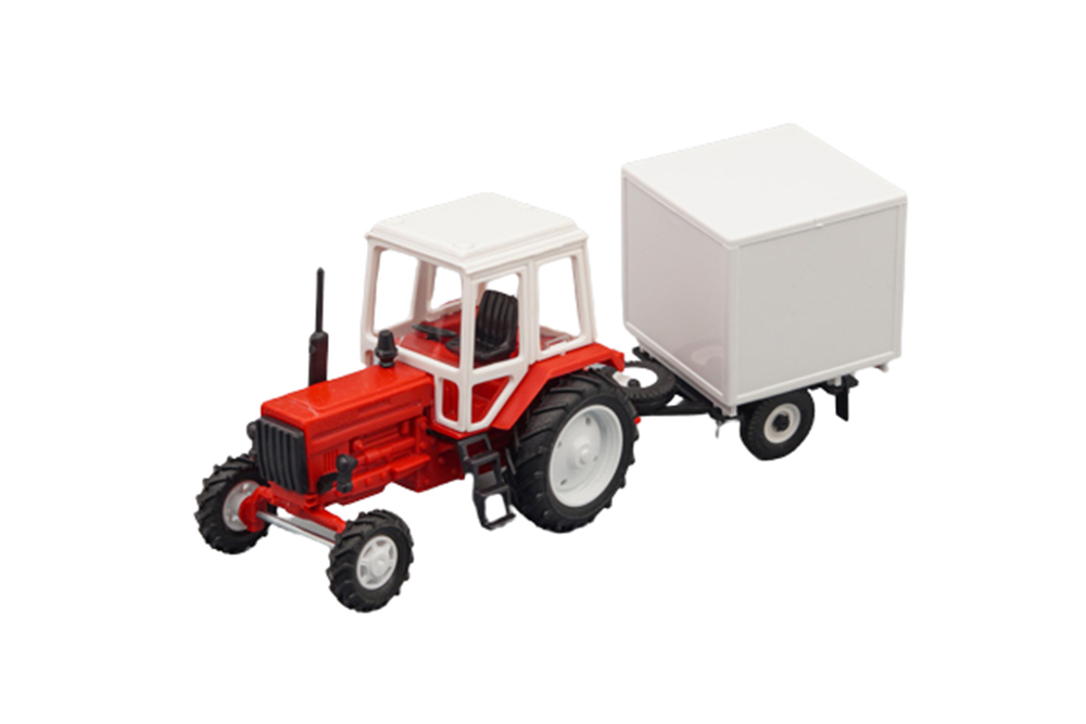TRACTOR MTZ-82 WHITH TRAILER (USSR RUSSIA) RED/WHITE | ТРАКТОР МТЗ-82 С ПРИЦЕПОМ БУДКА БЕЛЫЙ/КРАСНЫЙ (МЕТАЛЛ)