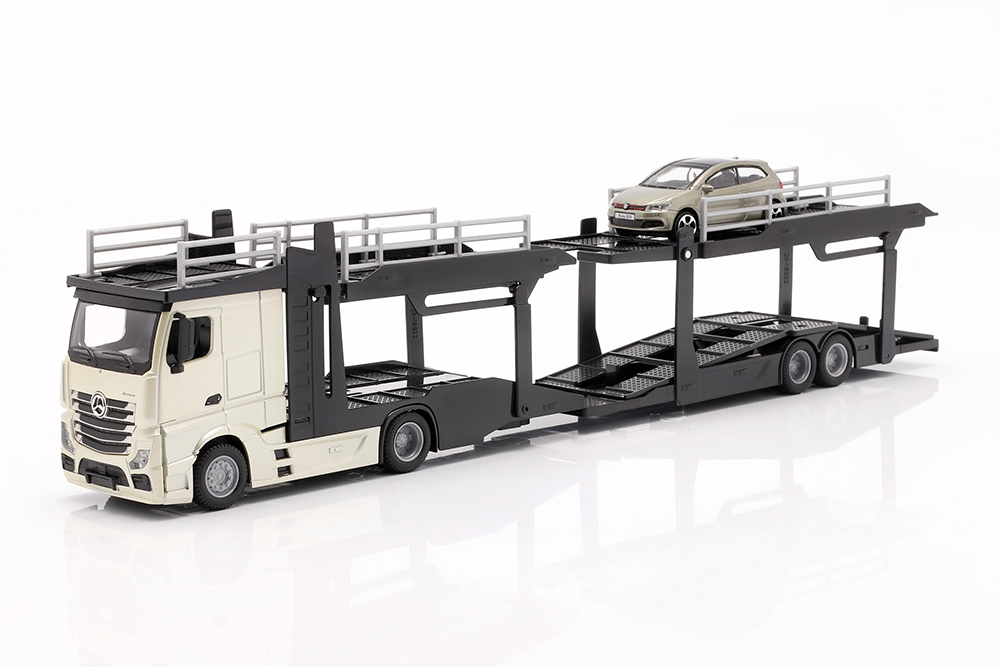 MERCEDES-BENZ ACTROS CAR TRANSPORTER WITH VW POLO GTI GOLD / МЕРСЕДЕС-БЕНЦ АКТРОС КАР ТРАНСПОРТЕР ФОЛЬКСВАГЕН ПОЛО ГТИ ЗОЛОТОЙ