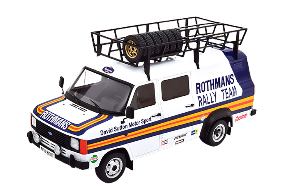 FORD TRANSIT MKII ТЕХНИЧКА ROTHMANS RALLY TEAM С БАГАЖНИКОМ И КОЛЕСАМИ НА КРЫШЕ 1980