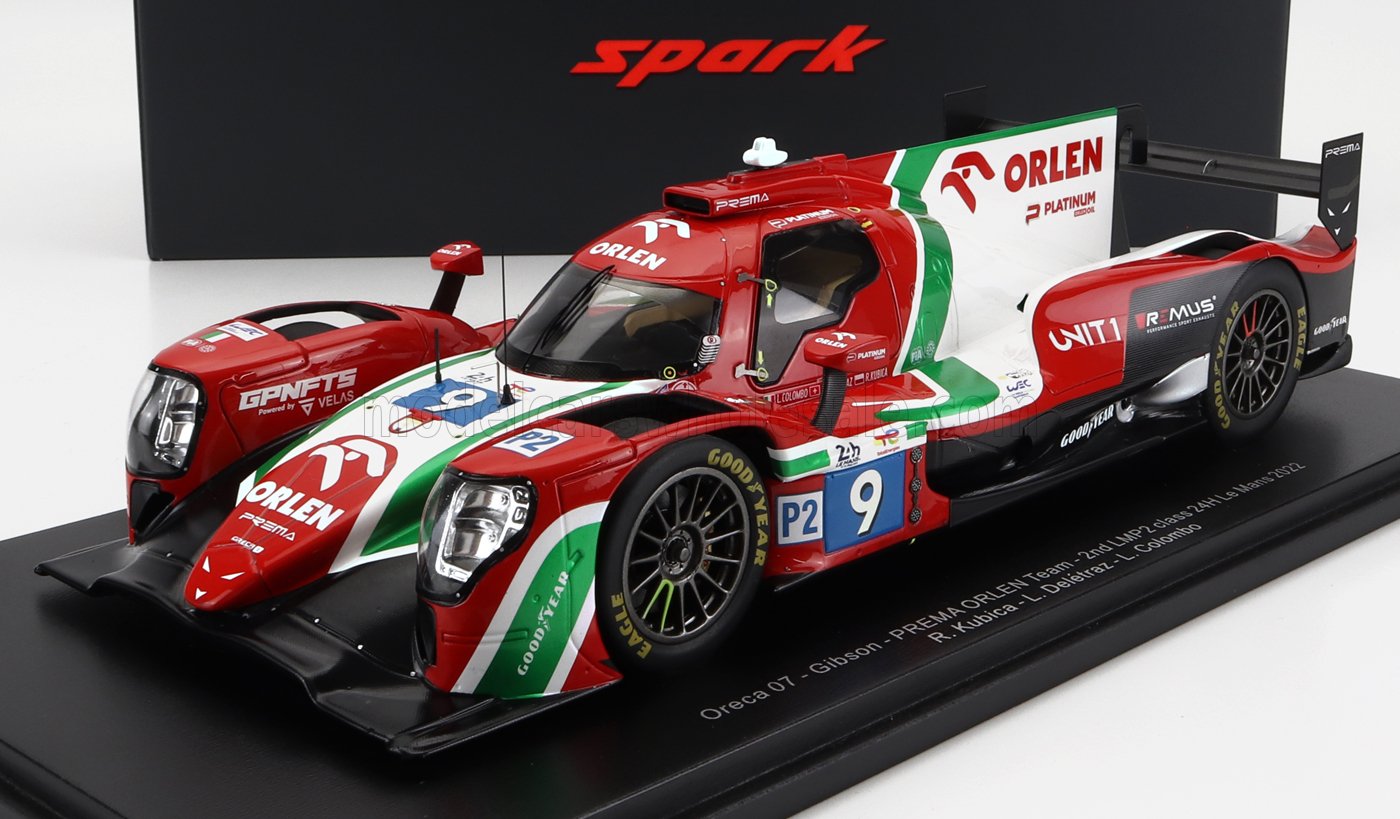 ORECA GIBSON 07 GK428 4.2L V8 TEAM PREMA ORLEN #9 2ND LMP2 CLASS 24H LE MANS (2022) R.KUBICA - L.DELETRAZ - L.COLOMBO - CON VETRINA - WITH SHOWCASE, RED WHITE GREEN