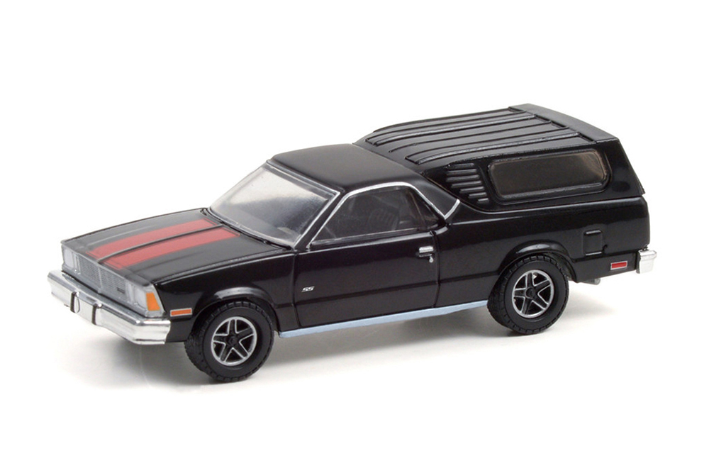 CHEVROLET EL CAMINO WITH CAMPER SHELL 1981 BLACK WITH RED STRIPES (ДЛИНА МОДЕЛИ 6-10 СМ)
