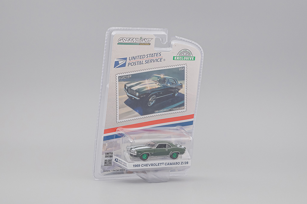 CHEVROLET CAMARO Z28 "UNITED STATES POSTAL SERVICE USPS" 1969 GREEN WITH WHITE STRIPES (ДЛИНА МОДЕЛИ 6-10 СМ)