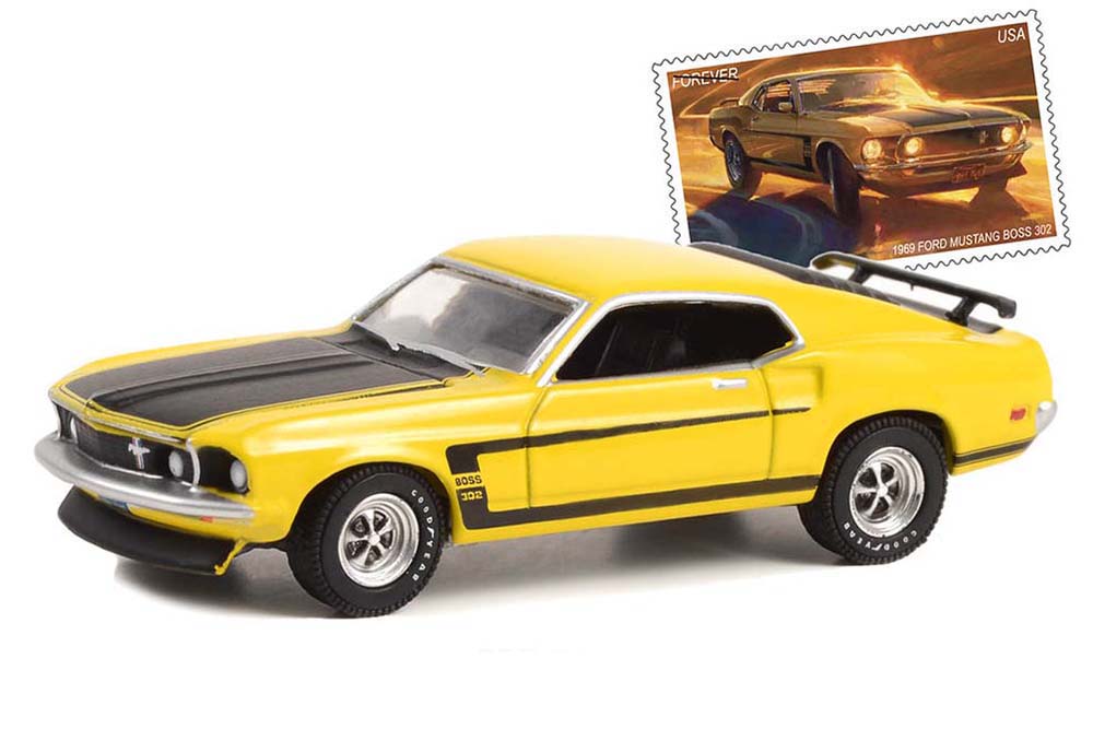FORD MUSTANG BOSS 302 "UNITED STATES POSTAL SERVICE (USPS)" 1969 YELLOW/BLACK (ДЛИНА МОДЕЛИ 6-10 СМ)