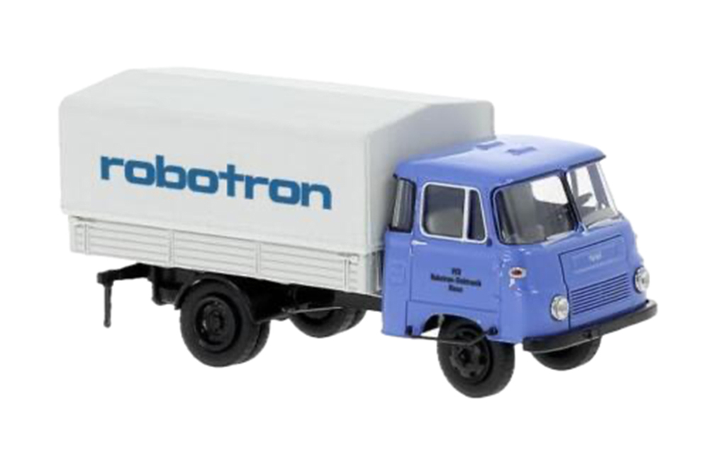 ROBUR LO 2501 ROBOTRON 1950 БОРТОВОЙ С ТЕНТОМ, СИНИЙ С СЕРЫМ (ДЛИНА МОДЕЛИ 3-5 СМ)