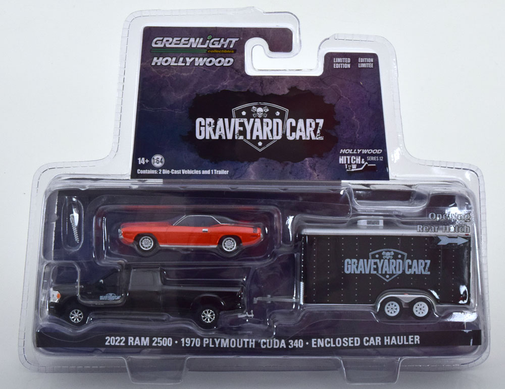 DODGE RAM 2500, PLYMOUTH CUDA 340 AND ENCLOSED CAR TRAILER (ДЛИНА МОДЕЛИ 6-10 СМ)