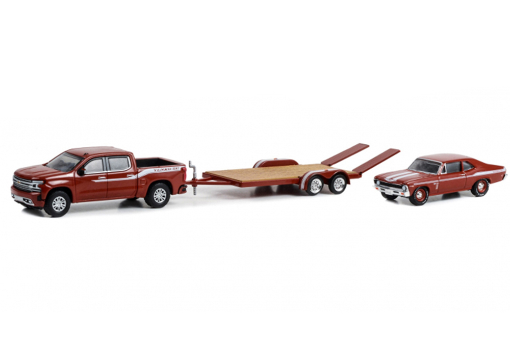 CHEVROLET SILVERADO 2020 С ПРИЦЕПОМ-АВТОВОЗОМ И CHEVROLET NOVA YENKO SC 427 1969 (ИЗ ТЕЛЕШОУ "ПОДСЧЁТ АВТОМОБИЛЕЙ") (ДЛИНА МОДЕЛИ 6-10 СМ)
