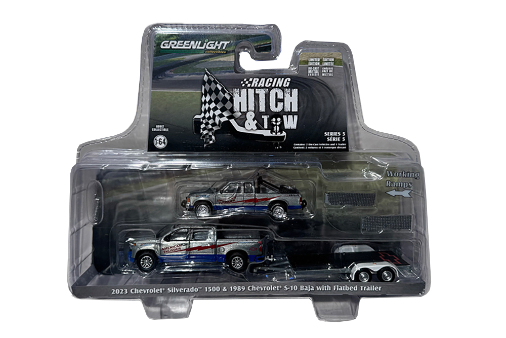 НАБОР CHEVROLET SILVERADO 1500 2023 С ПРИЦЕПОМ-АВТОВОЗОМ И CHEVROLET S-10 BAJA "AMERICAN THUNDER" 1989 (GREENLIGHT!!! НЕОКРАШЕННЫЙ)