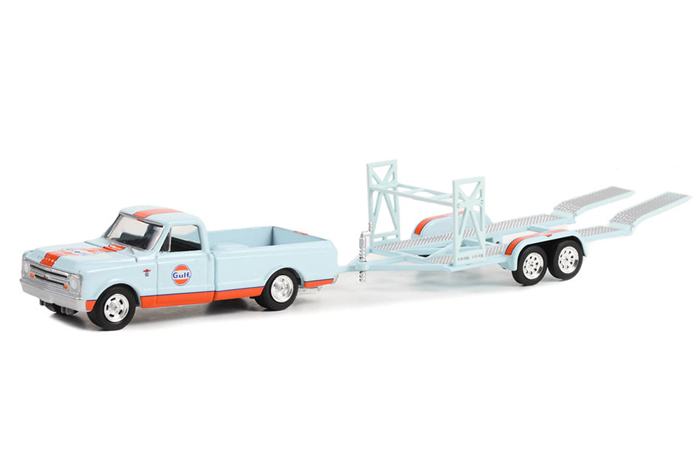 CHEVROLET C-10 SHORTBED GULF OIL С ПРИЦЕПОМ-АВТОВОЗОМ GULF OIL 1968 НАБОР (ДЛИНА МОДЕЛИ 6-10 СМ)