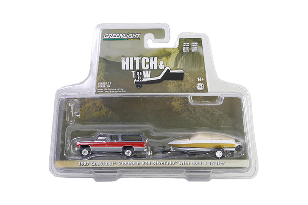 CHEVROLET SUBURBAN K20 SILVERADO С ПРИЦЕПОМ И ЛОДКОЙ 1987 GREY/RED (ДЛИНА ПРИМЕРНО 15 СМ)