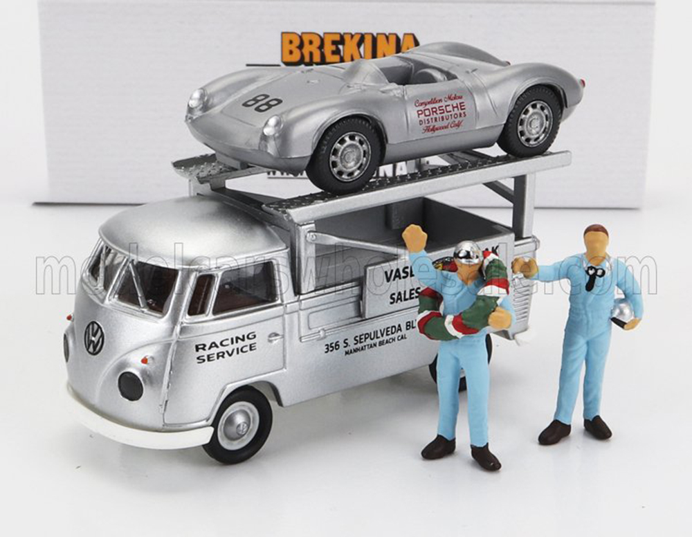 VW VOLKSWAGEN T1 TRUCK CAR TRANSPORTER VASEK POLAK RACING SERVICE + PORSCHE 550 RS SPIDER №88 RACING WITH FIGURES 1956, SILVER (ДЛИНА МОДЕЛИ 3-5 СМ)
