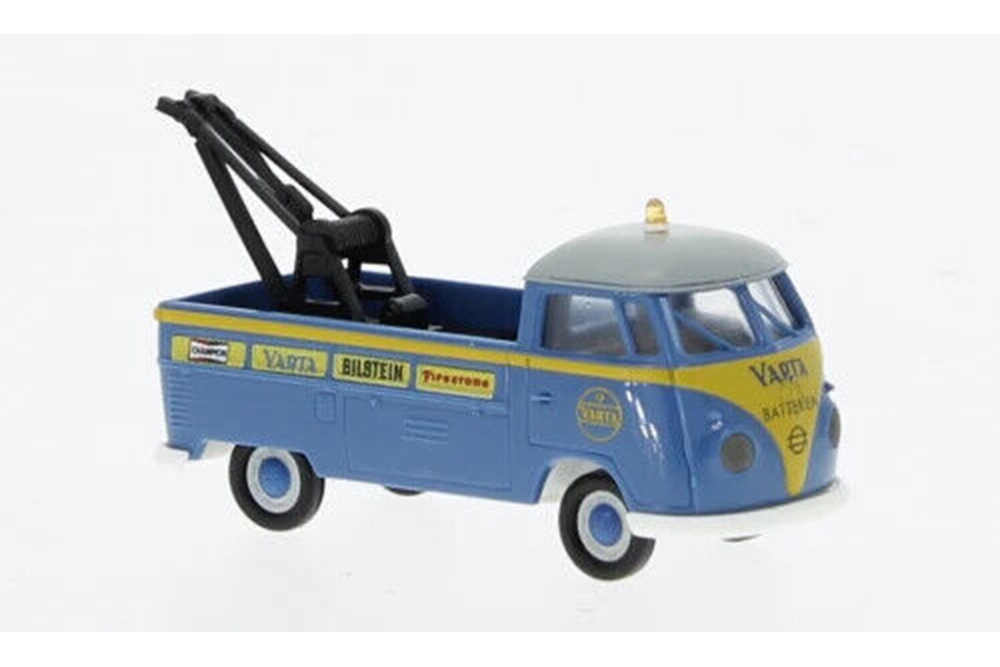 VW VOLKSWAGEN T1B ЭВАКУАТОР VARTA 1960 СИНИЙ С ЖЕЛТЫМ И СЕРЫМ (ДЛИНА МОДЕЛИ 3-5 СМ)