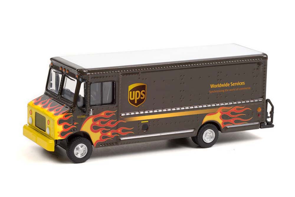 TRAILER STEP VAN PACKAGE CAR "UNITED PARCEL SERVICE" (UPS) WORLDWIDE SERVICES WITH FLAMES 2019 (ДЛИНА МОДЕЛИ 6-10 СМ)