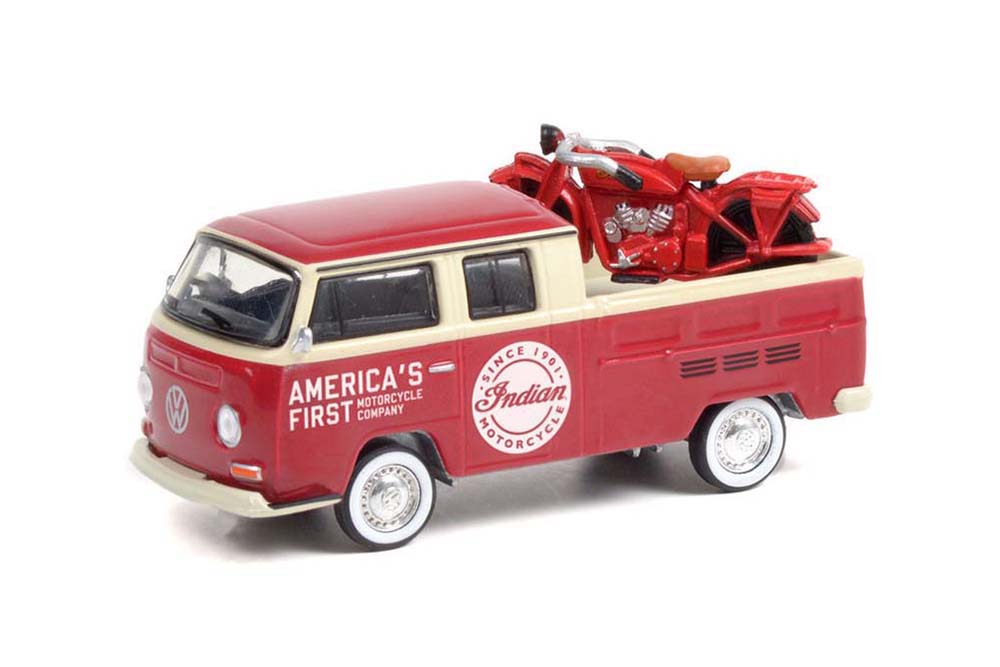 VW T2 DOUBLE CAB PICK-UP С МОТОЦИКЛОМ INDIAN "SALES & SERVICE" 1968 WITH 1920 INDIAN SCOUT MOTORCYCLE (ДЛИНА МОДЕЛИ 6-10 СМ)