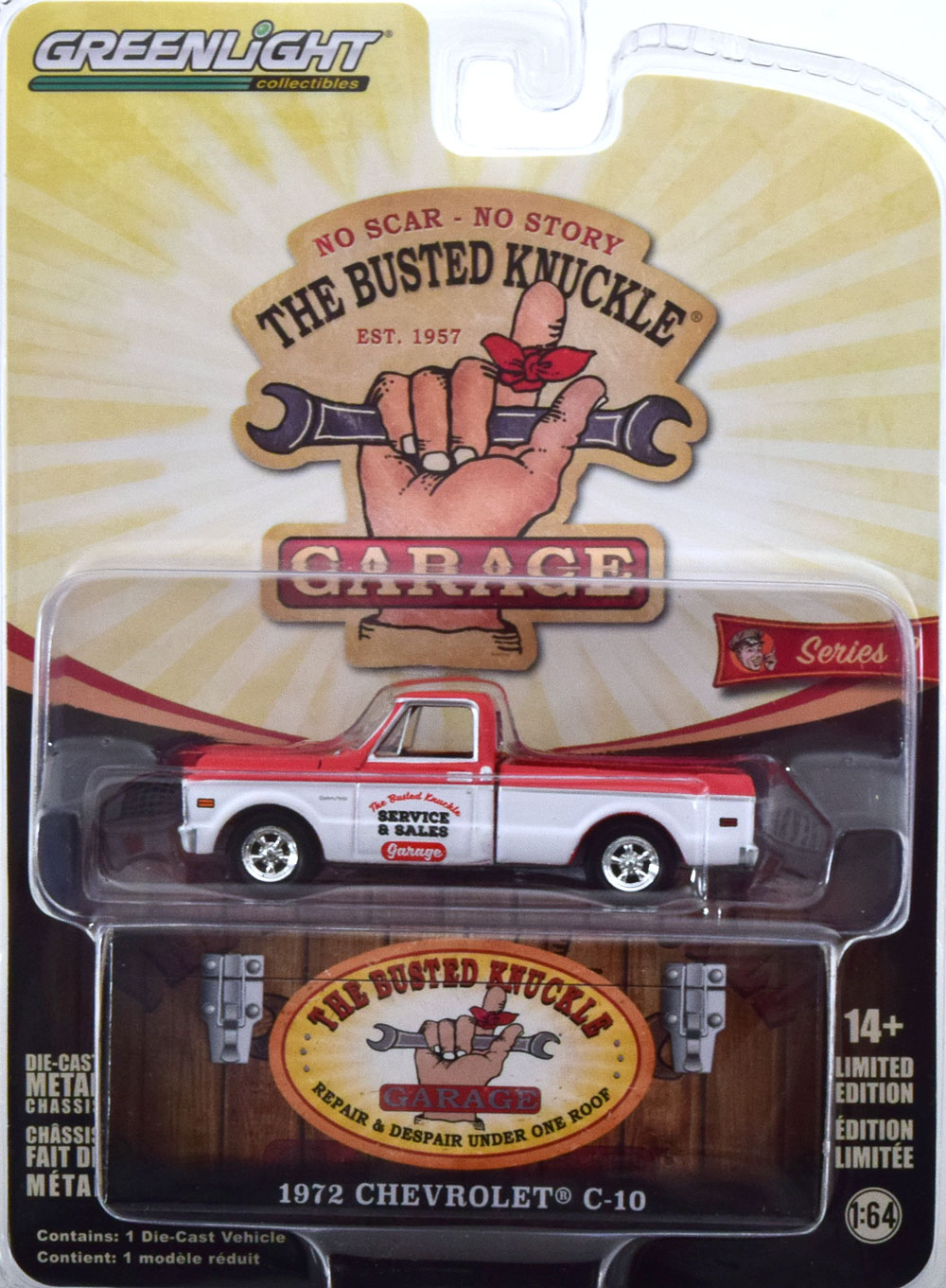 CHEVROLET C-10 THE BUSTED KNUCKLE GARAGE 1972 ORANGE WHITE (ДЛИНА МОДЕЛИ 6-10 СМ)