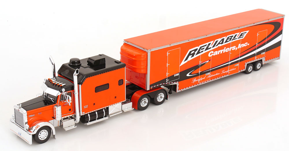 PETERBILT 379 WITH CAR CARRIER TRAILER ORANGE BLACK WHITE