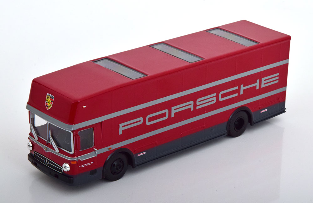 MERCEDES O317 PORSCHE RACE TRANSPORTER RED (ДЛИНА МОДЕЛИ 6-10 СМ)