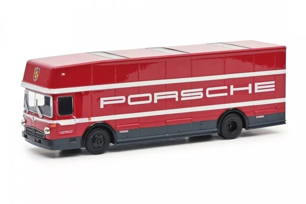 MERCEDES O317 RACE TRANSPORTER "PORSCHE MOTORSPORT" 1967 RED (ДЛИНА МОДЕЛИ 6-10 СМ)