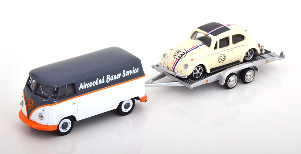 VW BUS T1 WITH TRAILER AND BEETLE LOWRIDER AIRCOOLED WHITE GREY ORANGE (ДЛИНА МОДЕЛИ 6-10 СМ)