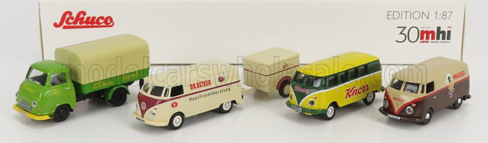 VW VOLKSWAGEN SET 4X PUBLICITAIRE T1 MINIBUS KNORR - T1 VAN MAGGI - T1 VAN WITH TRAILER DR.OETKER - HANOMAG TRUCK KUHNE, VARIOUS (ДЛИНА МОДЕЛИ 3-5 СМ)