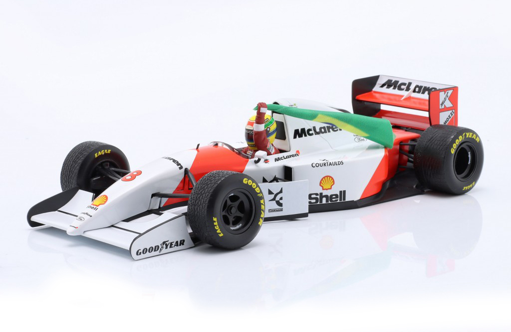MCLAREN F1 FORD MP4/8 V8 TEAM MARLBORO #8 WINNER EUROPEAN BRITISH DONINGTON PARK GP WITH FLAG 1993 AYRTON SENNA, WHITE RED