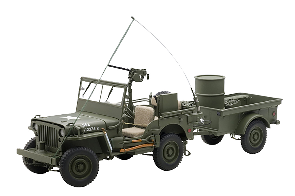 WILLYS JEEP 1943 С ПРИЦЕПОМ (АКСЕССУАРЫ В КОМЛЕКТЕ: ПУЛЕМЕТ, ЯЩИК ЗИП, БОЧКА, РАДИОСТАНЦИЯ) ХАКИ