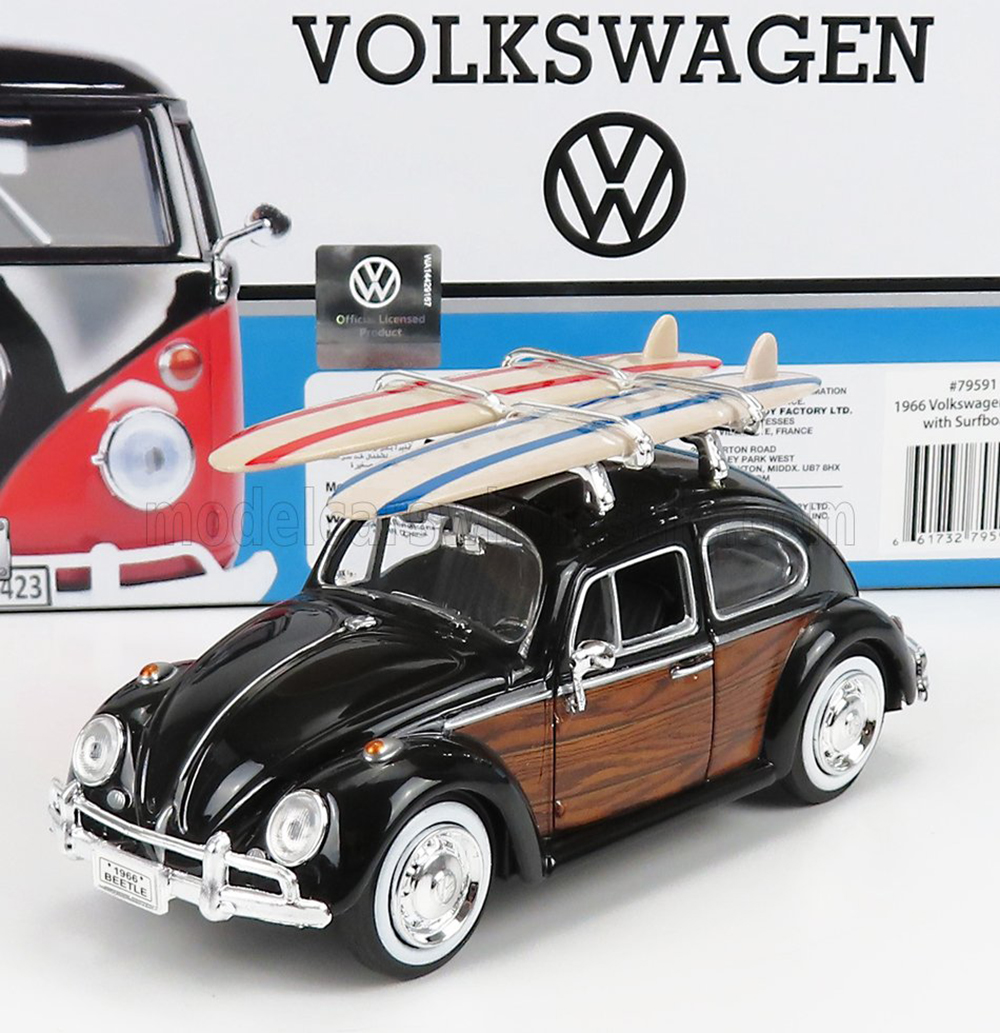 VW VOLKSWAGEN BEETLE WITH SURFBOARD 1968, BLACK WOOD