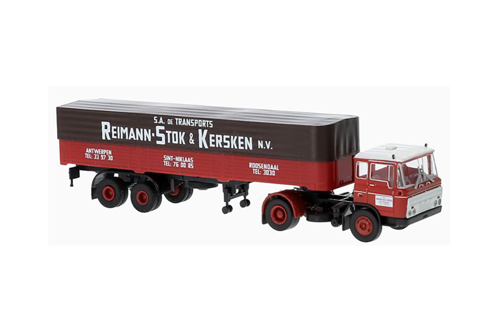 DAF FT 2600 PP-SZ СЕДЕЛЬНЫЙ ТЯГАЧ С ПОЛУПРИЦЕПОМ REIMANN-STOK KERSKEN (NL) 1962 КРАСНЫЙ (ДЛИНА МОДЕЛИ 3-5 СМ)