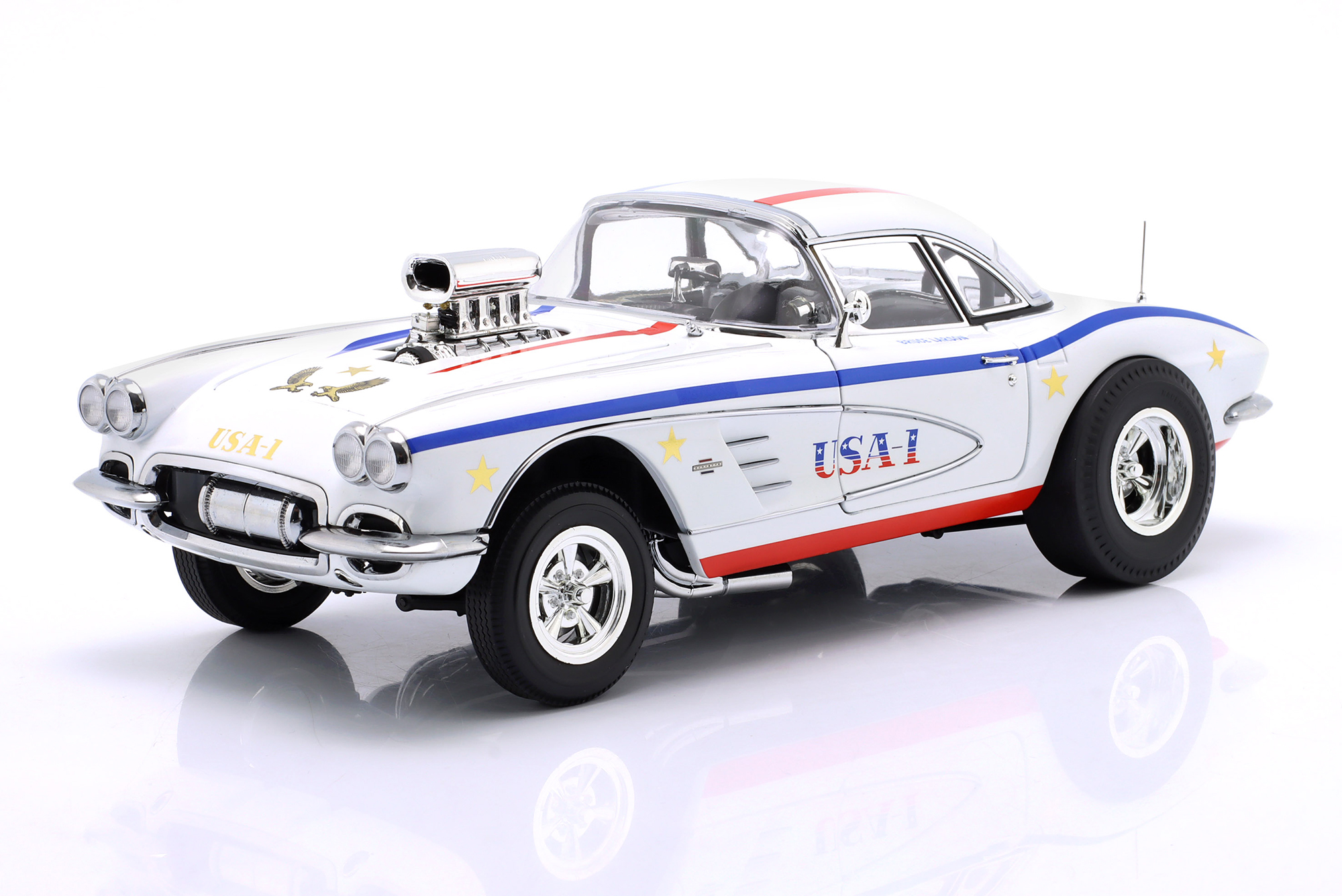 CHEVROLET CORVETTE GASSER USA-1 1961 WHITE WITH DECOR / ШЕВРОЛЕ КОРВЕТ ГАССЕР USA-1 1961 БЕЛЫЙ С ДЕКОРОМ