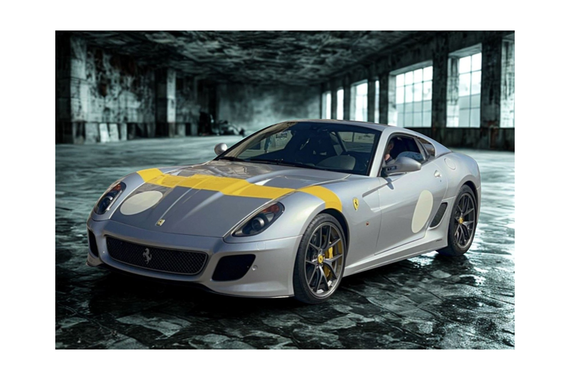FERRARI 599 GTO 2010 - MADE IN ITALY ARGENTO NURBURGRING WITH HORIZONTAL YELLOW STRIPE / ФЕРРАРИ 599 ГТО 2010 1:18 ЖЕЛТЫЙ