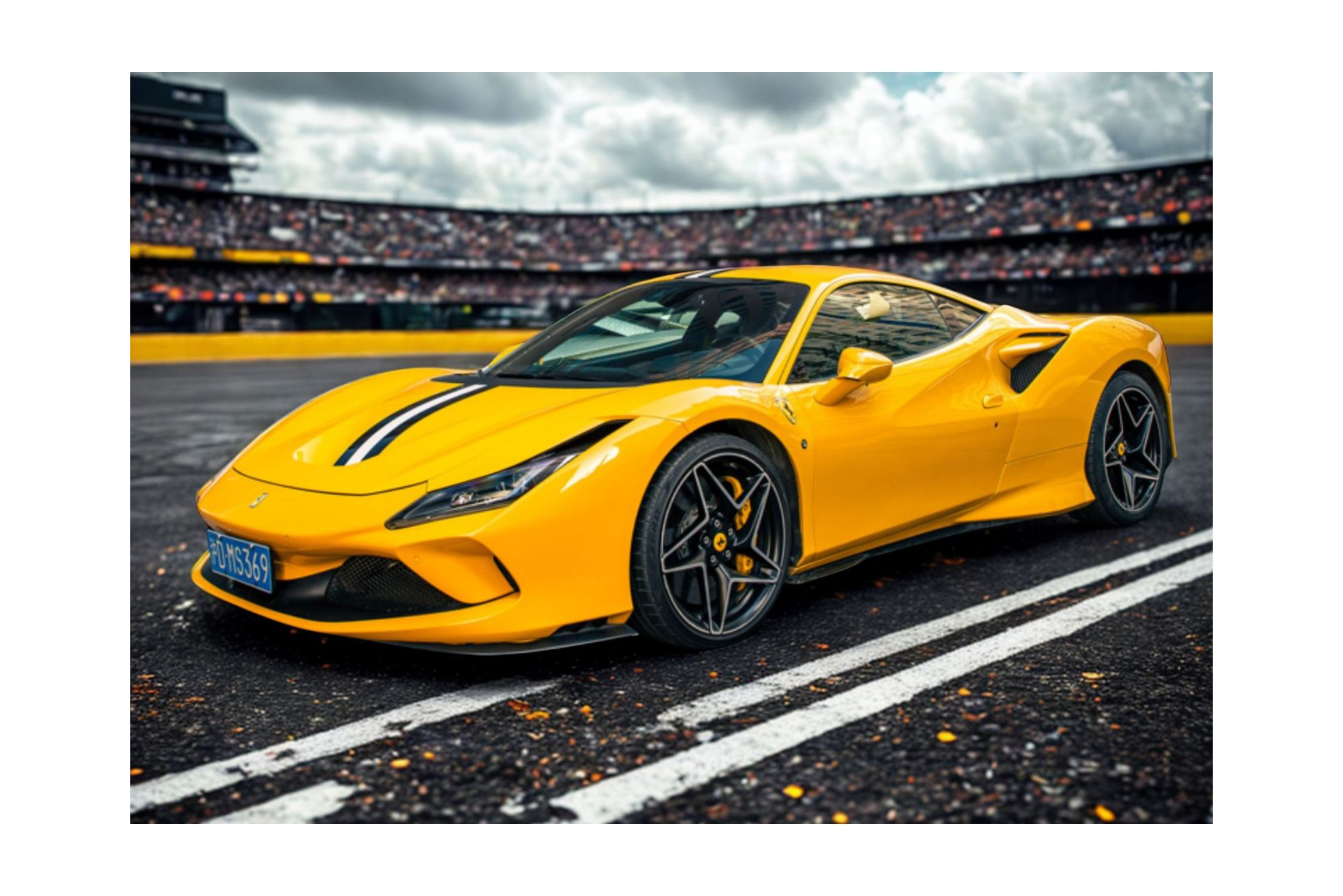 FERRARI F8 TRIBUTO GIALLO TRISTRATO WITH BLU AMERICA AND WHITE LIVERY / ФЕРРАРИ Ф8 ТРИБУТО ТРИСТРАТО АМЕРИКА ЛИВЕРИ 1:43 ЖЕЛТЫЙ