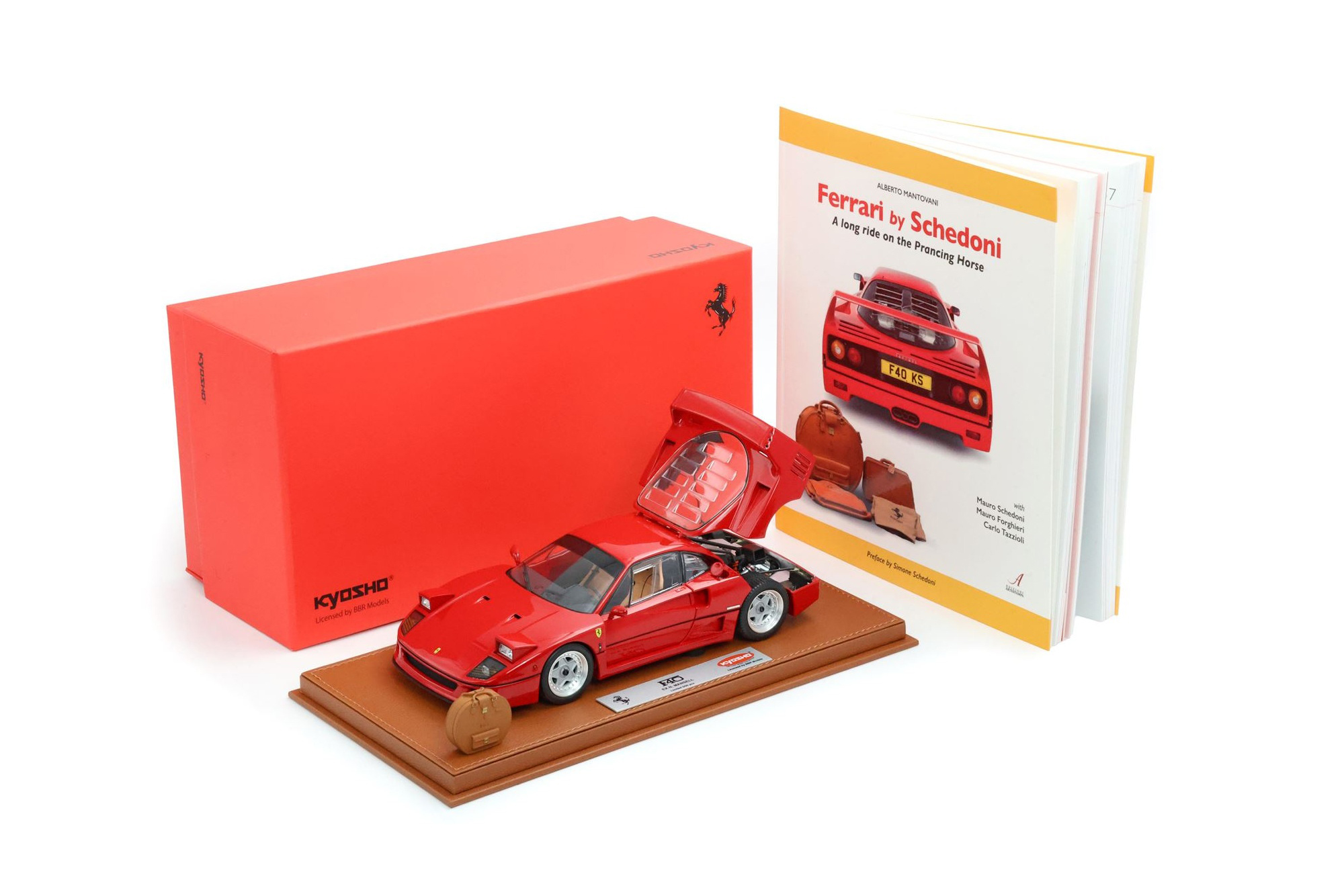 FERRARI F40 1987 ROSSO CORSA - MANSELL - FULL OPEN DIECAST WITH SCHEDONI BOOK AND SUITCASE MINIATURE / ФЕРРАРИ Ф40 1987 1:18 КРАСНЫЙ