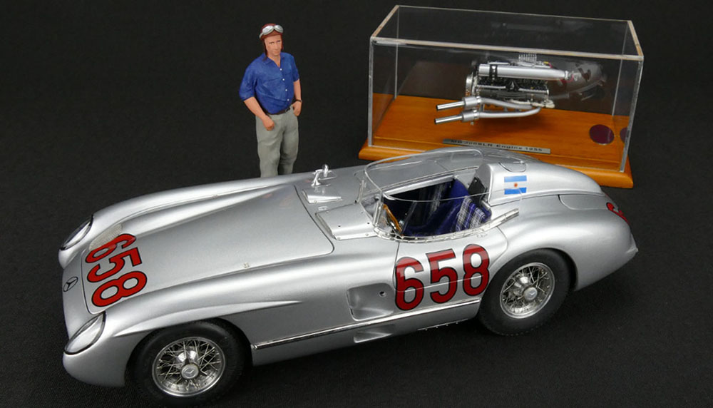 MERCEDES 300 SLR SET WITH MOTOR AND FIGURINE #658 MILLE MIGLIA 1955 FANGIO SPECIAL EDITION TECHNO CLASSICA 2016 LIMITED EDITION 150 PCS.
