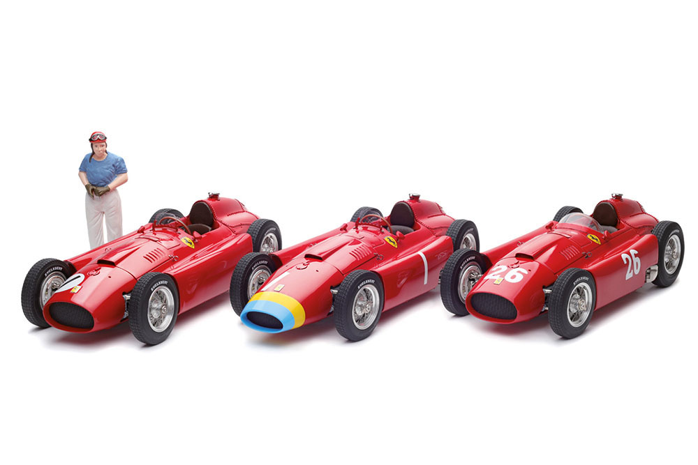 FERRARI LUCKY SET 2018 FANGIO: FERRARI D50 LONG NOSE GP GERMANY #1 FANGIO + FERRARI D50 SHORT NOSE GP ENGLAND #1 FANGIO + FERRARI D50 SHORT NOSE GP ITALY #26 COLLINS/FANGIO + SHOWCASE + FANGIO FIGURINE LIMITED EDITION 200 PCS.