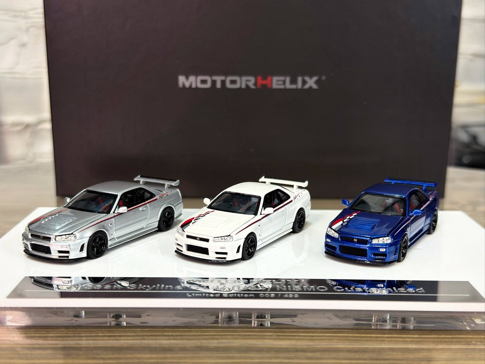 NISSAN SKYLINE GT-R R34 NISMO CUSTOMIZED 3 CAR SET SILVER/WHITE/BLUE / НИССАН СКАЙЛАЙН GT-R R34 NISMO КАСТОМНАЯ ВЕРСИЯ НАБОР ИЗ 3 МОДЕЛЕЙ СЕРЕБРИСТЫЙ/БЕЛЫЙ/СИНИЙ
