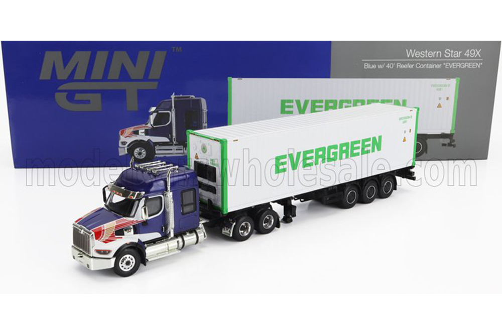 WESTERN STAR 49X TRUCK TRASPORTO CONTAINER 40' EVERGREEN (1990), BLUE WHITE (ДЛИНА МОДЕЛИ 6-10 СМ)