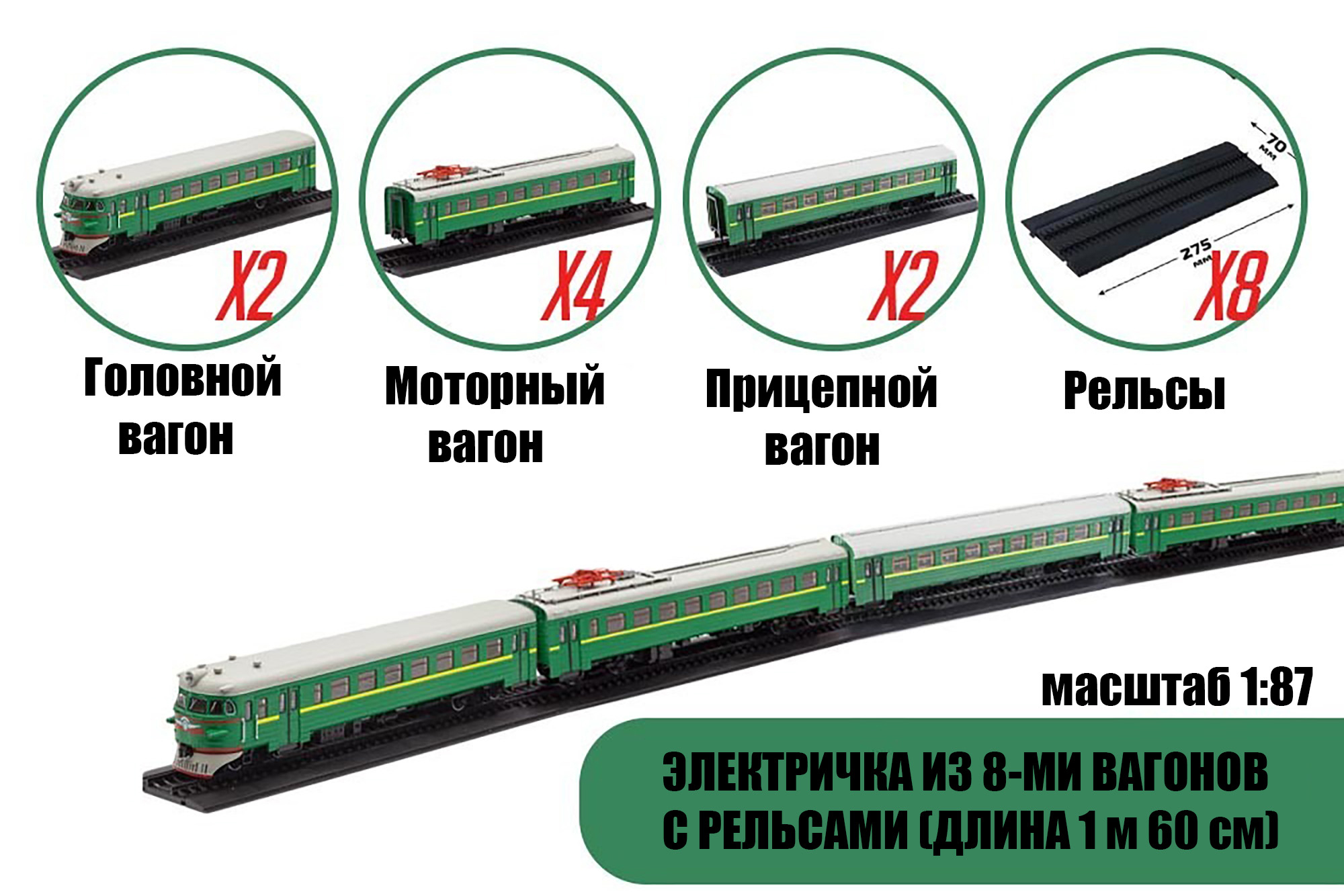 НАБОР ЭЛЕКТРИЧКА ЭР2 - ПОЛНЫЙ СОСТАВ, 8 ВАГОНОВ И РЕЛЬСЫ (ДЛИНА 1М 60 СМ)