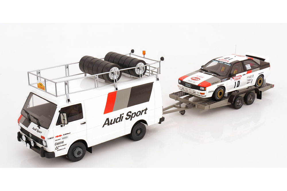 AUDI TDC RALLY SET MIT 3 MODELLEN AUDI QUATTRO A2 VW VOLKSWAGEN LT35 TRAILER 1983