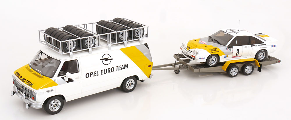 OPEL TDC RALLY SET MIT 3 MODELLEN MANTA GR B CHEVROLET G30 VAN TRAILER 1984