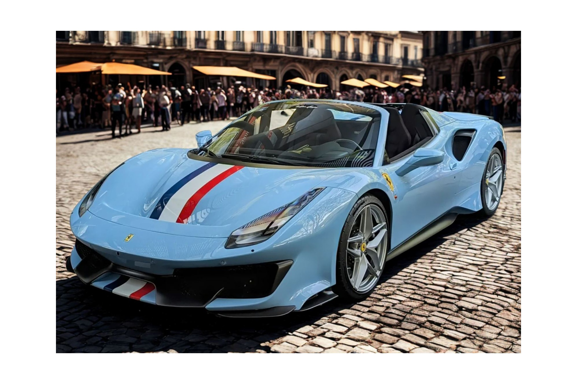 FERRARI 488 PISTA SPIDER AZZURRO LA PLATA WITH WHITE FRENCH STRIPE / ФЕРРАРИ 488 ПИСТА СПАЙДЕР ЛА ПЛАТА ФРЕНКХ ПОЛОСА 1:18 БЕЛЫЙ