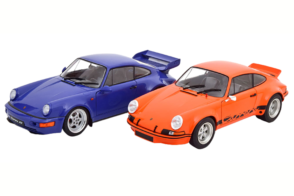 PORSCHE 911 RSR AND 911 (964) RS SET WITH 2 MODELCARS ORANGE BLACK AND BLUE / ПОРШЕ НАБОР ИЗ 2-Х МОДЕЛЕЙ 1:18