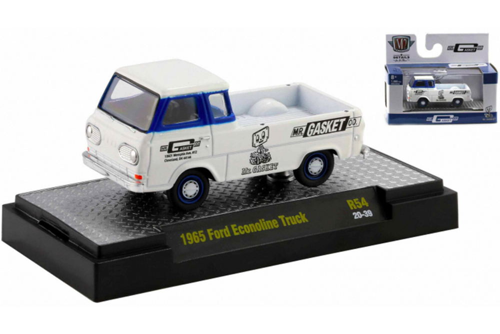 FORD ECONOLINE PICKUP TRUCK "MR. GASKET" 1965, BRIGHT WHITE AND BLUE (ДЛИНА МОДЕЛИ 6-10 СМ)