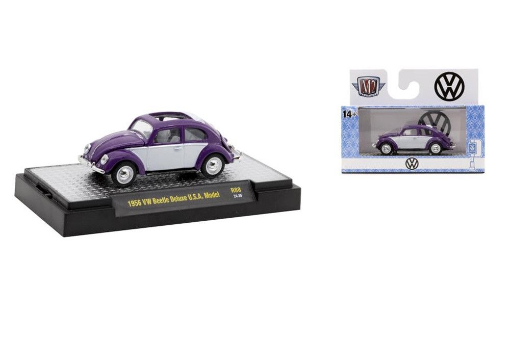 VW VOLKSWAGEN BEETLE DELUXE U.S.A. MODEL (1956), VIOLET/WHITE (ДЛИНА МОДЕЛИ 6-10 СМ)