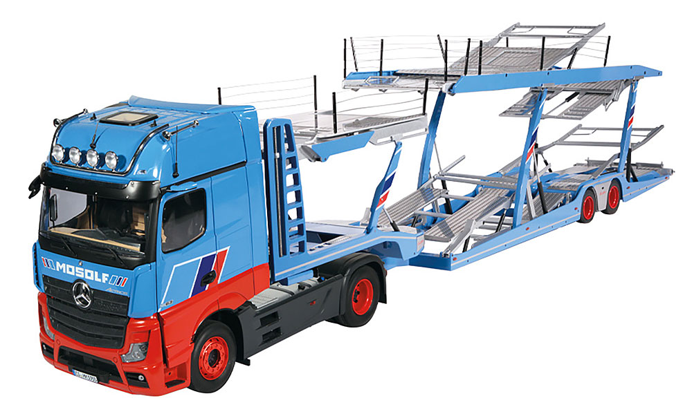 MERCEDES ACTROS GIGASPACE SET WITH LOHR CAR TRANSPORTER SEMI-TRAILER BLUE RED BLACK