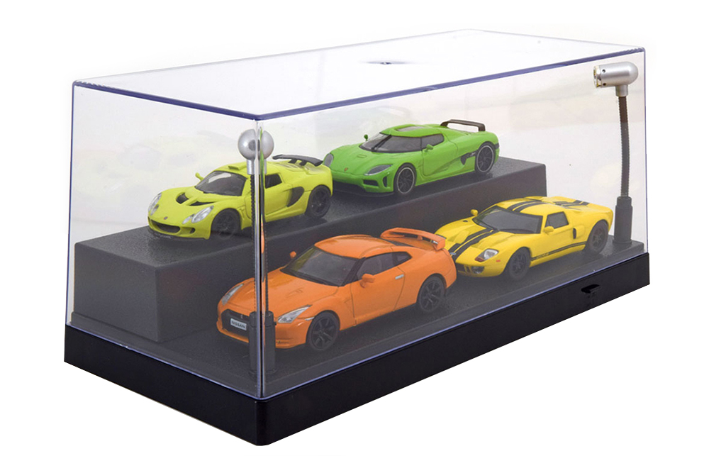 SHOWCASE FOR 4 MODELCARS BLACK / БОКС ДЛЯ 4-Х МОДЕЛЕЙ 1:43 С ЛЭД ПОДСВЕТКОЙ И ЮСБ ПИТАНИЕМ (РАЗМЕРЫ Д/В/Ш:27/12/12 СМ)