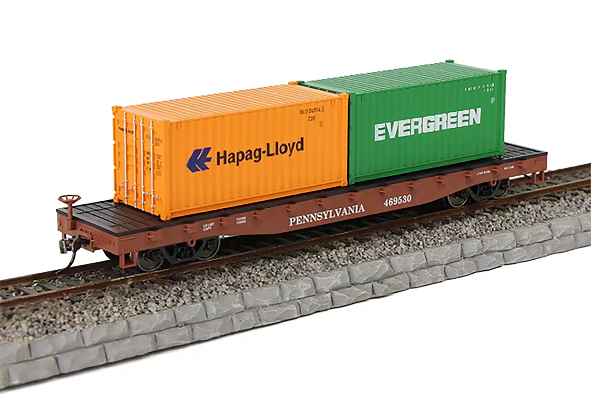 КОНТЕЙНЕРНАЯ ПЛАТФОРМА (США) PENNSYLVANIA С 2-МЯ 20-ФУТОВЫМИ КОНТЕЙНЕРАМИ HAPAG-LLOYD И EVERGREEN (МАСШТАБ HO, ДЛИНА 18 СМ)