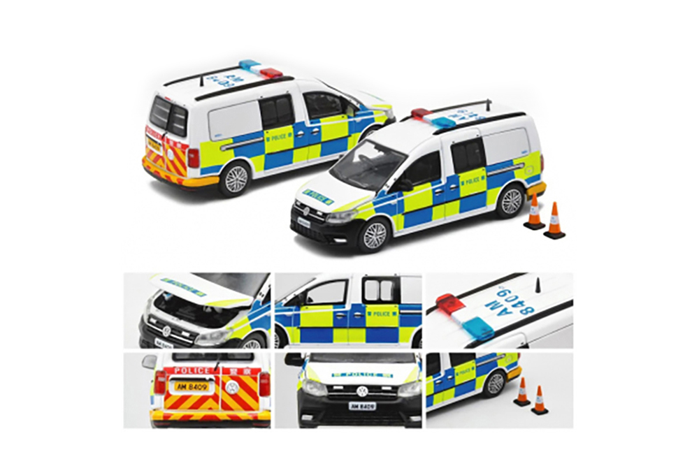 VW VOLKSWAGEN CADDY MAXI 1ST EDITION HK POLICE (AM8409), WHITE/BLUE/YELLOW (ДЛИНА МОДЕЛИ 6-10 СМ)