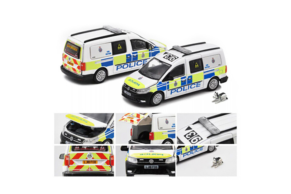 VW VOLKSWAGEN CADDY MAXI LONDON POLICE *POLICE DOG UNIT*, WHITE/BLUE/YELLOW (ДЛИНА МОДЕЛИ 6-10 СМ)